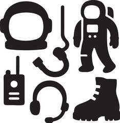 Astronaut Gear Silhouettes: Helmet, Walkie-Talkie, Space Boot, Robotic Arm & Tools