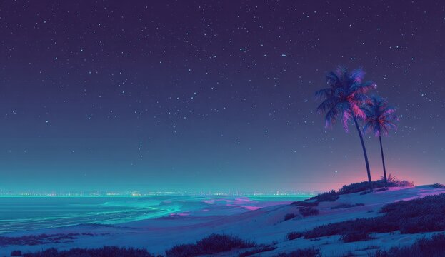 Two palm trees silhouetted against a vibrant, starlit night sky overlooking a glowing teal ocean.  Sand dunes and sparse vegetation in the foreground