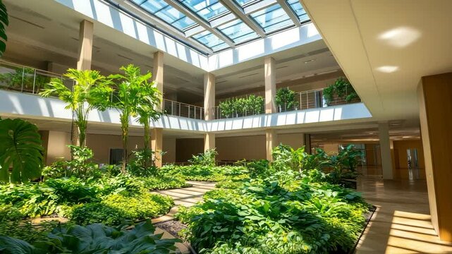 Atrium with skylight above indoor garden modern lines and soft shadows shown with even lighting and architectural clarity