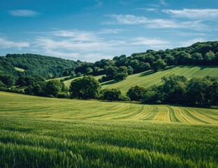 Fototapeta premium Undulating green fields and rolling hills under a vibrant blue sky, dappled with sunlight and shadows