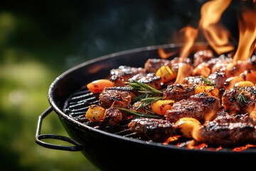 Grilled beef kebabs with potatoes and rosemary on a flaming grill. Perfect for illustrating summer barbecues or delicious food concepts.