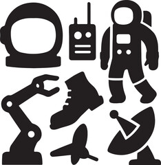 Astronaut Gear Silhouettes: Helmet, Walkie-Talkie, Space Boot, Robotic Arm & Tools