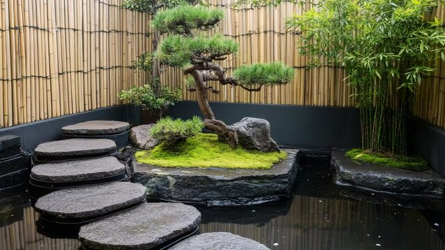 Backyard courtyard with floating stone steps over shallow pond, bamboo fencing, and bonsai trees