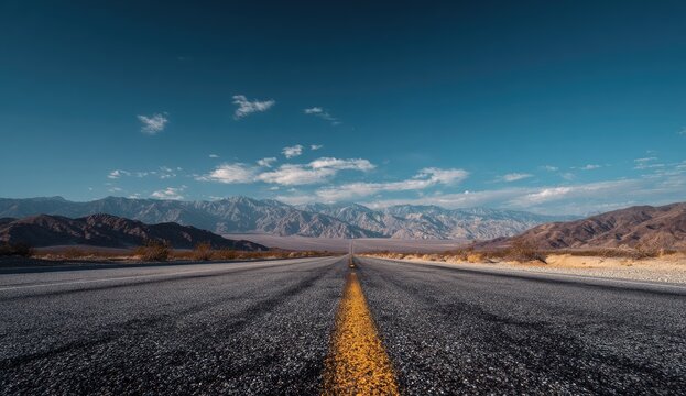 A desert highway stretches towards distant, sun-drenched mountains under a vibrant blue sky, dotted with wispy clouds - Powered by Adobe