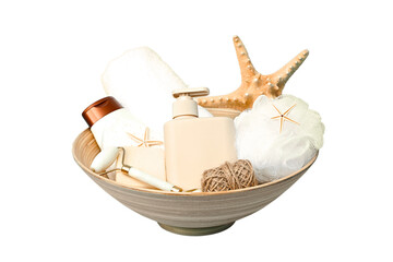 Creative spa items in a bowl, isolated on white, PNG
