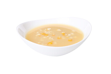 PNG, corn soup in a white bowl, isolated on white background.