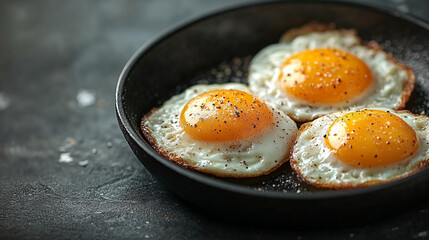 Two perfectly fried eggs sizzling in a black pan, evoking warmth, simplicity, and the comforting feeling of home-cooked breakfast with inviting textures and natural light.

