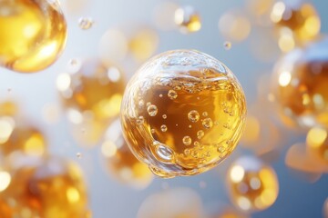 Golden liquid droplets and bubbles with soft, blurred background. Use this to represent science, beauty, health, or medicine.