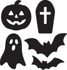 Halloween Silhouette Icons: Witch, Skull, Ghost, and Spooky Tree