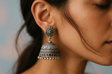 Closeup of traditional silver jhumka earrings on Indian woman, ethnic jewelry and style