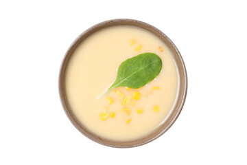 PNG, corn soup in a plate, isolated on white background.
