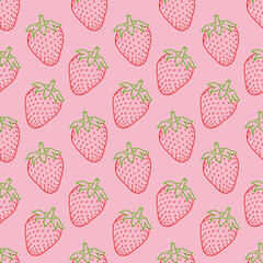 Pink background strawberry outline seamless pattern background


