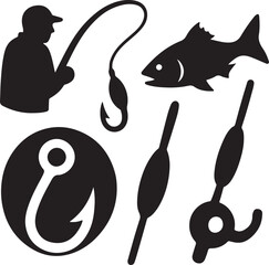 Fishing Silhouette Icons: Angler, Fish, Hook, Floats & Reel © objecttheart