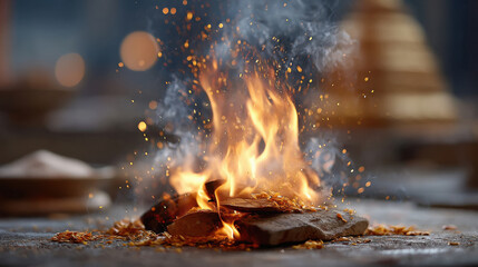 Close-up of a sacred havan fire burning brightly