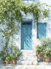 Sunlit blue door, whitewashed building, overgrown with vibrant green vines and potted plants