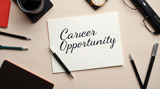 Career opportunity written on paper surrounded by office supplies on desk