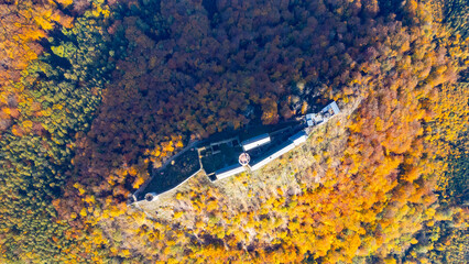 The vibrant autumn foliage surrounds Bezdez medieval castle, showcasing a sweeping aerial perspective of its historic architecture nestled among the colorful trees in the landscape.