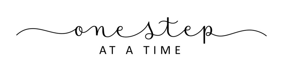 ONE STEP AT A TIME black vector brush calligraphy banner with swashes