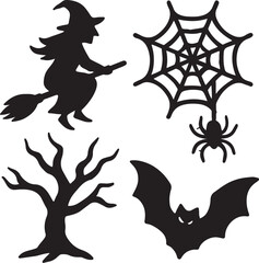Halloween Silhouette Icons: Witch, Skull, Ghost, and Spooky Tree