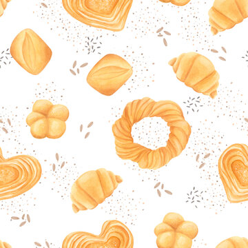 Seamless watercolor pattern with hand-painted bakery buns, bagels and croissants in cozy rustic style on white background. Ideal for packaging, fabric, wrapping paper, and kitchen-themed designs.