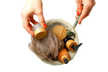 Sorting beauty tools and containers, isolated on white, PNG