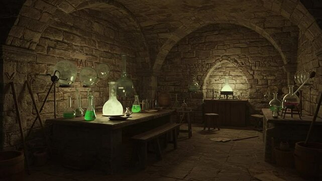 Enchanted alchemy lab with glowing potions and tools