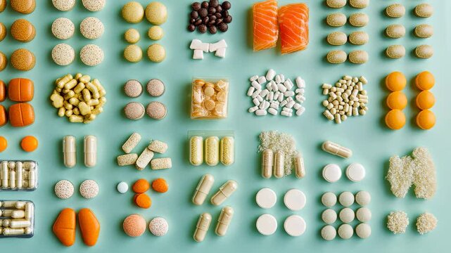 A flat lay of pet vitamins and supplements arranged neatly on a clean background. background background