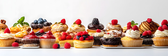 bakery display case filled with an enticing selection of various pastries wide banner - white background