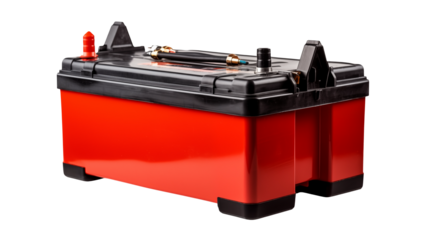 A red and black battery with terminals and a black hose on a black background in a studio isolated on transparent background