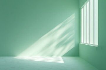 Fototapeta premium Sunlit empty room with pale green walls and floor, featuring a window casting tree shadows