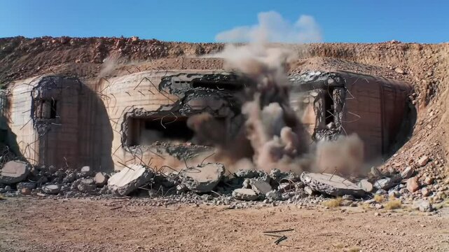 A heavily reinforced concrete bunker in a barren field is struck by a tank shell, exploding into dust, rubble, and fragments under pressure