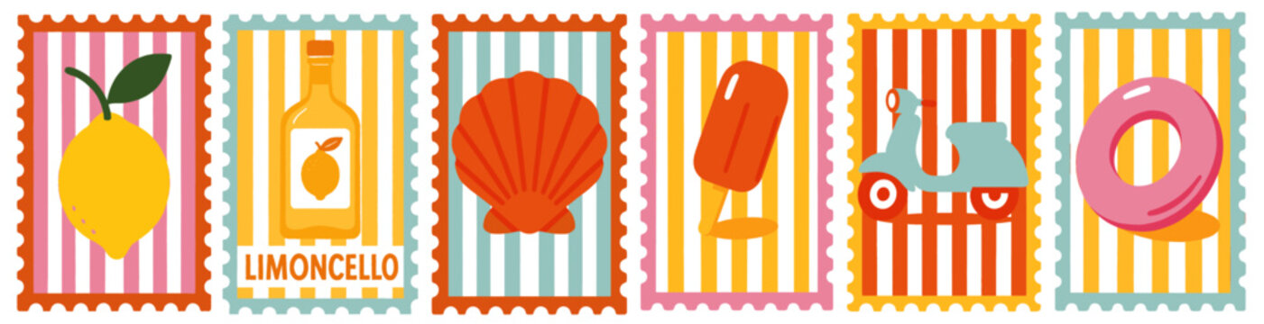 SET SUMMER ELEMENTS STAMPS STYLE DOLCE VITA, COLORFUL TRENDY ILLUSTRATION 