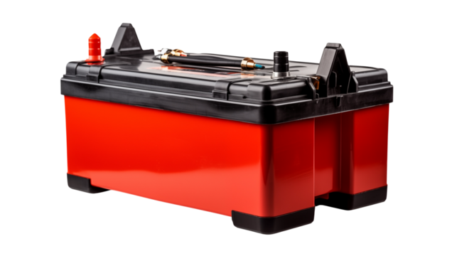 A red and black battery with terminals and a black hose on a black background in a studio isolated on transparent background