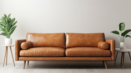 Fototapeta premium 35.A minimalist interior mockup with a rich tan leather sofa placed against a blank white wall, accompanied by a small side table holding a single green plant in a white ceramic pot.