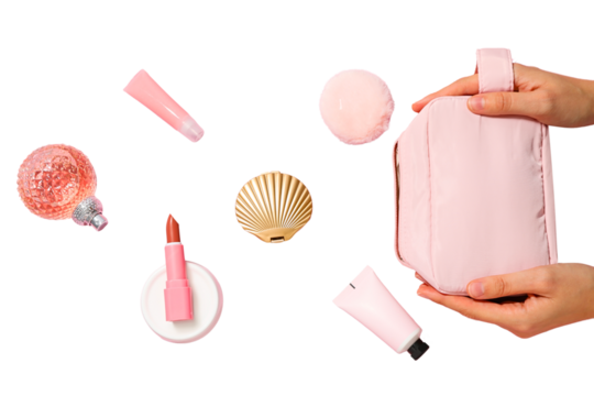 Hands with a pink bag and makeup, isolated on white, PNG