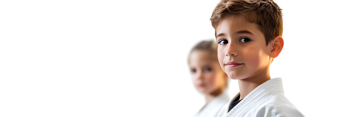 Eager children learning judo techniques in a training class wide banner - white background