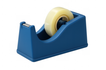 Blue tape dispenser gripping transparent adhesive roll, positioned against clean background, supporting office and shipping workflow