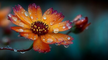 Macro close-up of a single vibrant orange flower with morning dew and soft natural backlight, highlighting fresh water droplet on petal surface, perfect nature detail and floral freshness aesthetics

