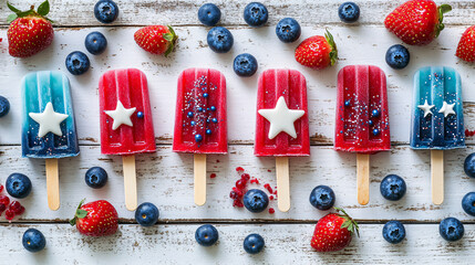 Festive Summer Popsicles with Berries on Rustic Wood