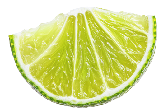High-resolution green lime slice isolated on transparent PNG background, studio-lit cutout perfect for beverage menus, cocktail graphics, food packaging designs, and versatile digital art projects
