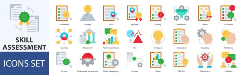 Skill Assessment icon set vector Flat Style assessment, success, audit, appraisal, scoring, refinement, result, evaluation, expertise, assessment, performance review, risk