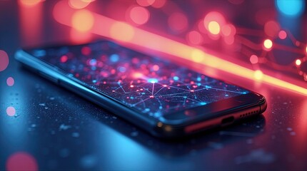 Digital technology background with smartphone mockup design created by AI system.