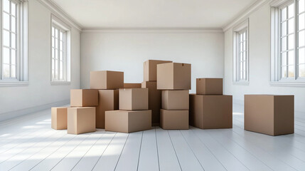 Fototapeta premium Bright, minimalistic room with unpacked moving boxes on a clean white floor and white walls. Symbolizes new home, fresh start, buying first property, and beginning a new chapter. Caption space on the 
