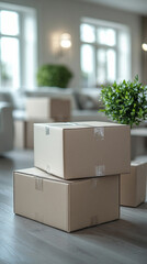 Bright, minimalistic room with unpacked moving boxes on a clean white floor and white walls. Symbolizes new home, fresh start, buying first property, and beginning a new chapter. Caption space on the 