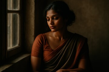 Fototapeta premium Vintage mood, woman in brown saree by window, thoughtful and soft golden light
