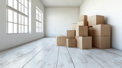 Fototapeta premium Bright, minimalistic room with unpacked moving boxes on a clean white floor and white walls. Symbolizes new home, fresh start, buying first property, and beginning a new chapter. Caption space on the 