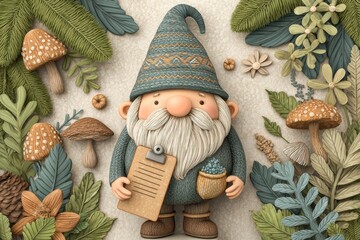 Whimsical 3D Rendered Gnome Holding Clipboard Surrounded by Mushrooms and Leaves