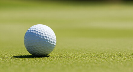 Fototapeta premium White golf ball on a very green putting course. Summer sport activity and outdoor recreation game concept.