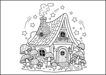 Obraz premium Anthropomorphic Animals, coloring page, A storybook cottage from a magical land, with whimsical shapes and glowing stars.