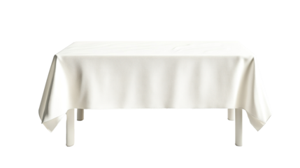 White and wavy cotton tablecloth covers the table isolated on transparent background. PNG